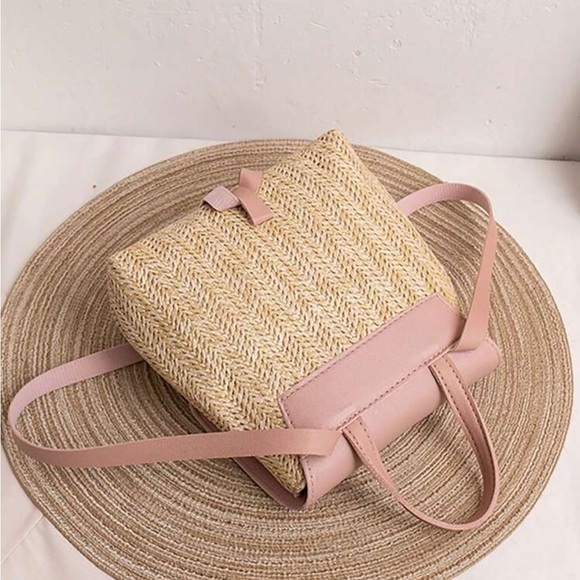 Boho Vegan Leather Straw Mini Backpack Pink